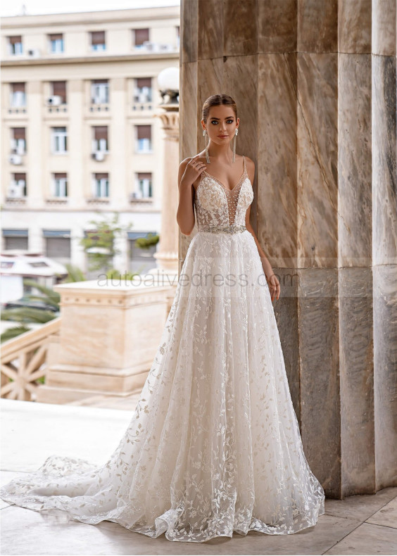 Beaded V Neck Ivory Lace Tulle Glitter Wedding Dress